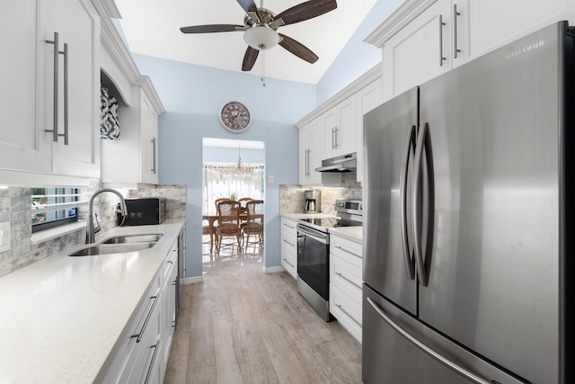 kitchen featuring white cabinets, a sink, light countertops, under cabinet range hood, and stainless steel appliances