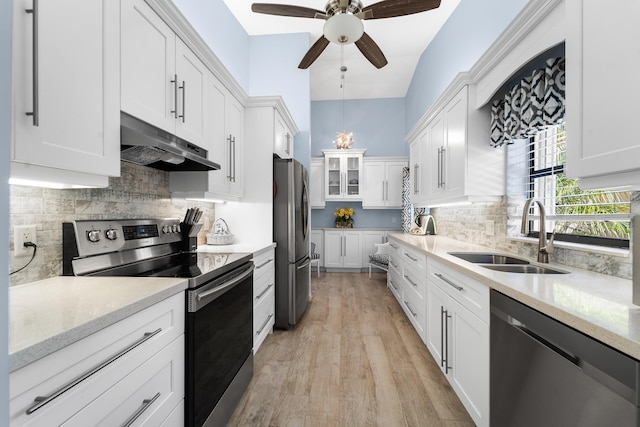 kitchen featuring a ceiling fan, white cabinetry, appliances with stainless steel finishes, under cabinet range hood, and a sink