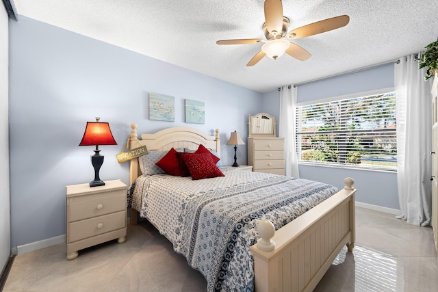 bedroom featuring ceiling fan and a textured ceiling