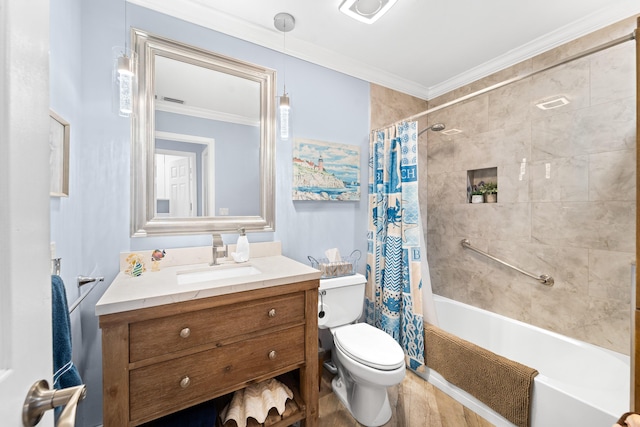 full bath with shower / bath combo with shower curtain, vanity, ornamental molding, and toilet