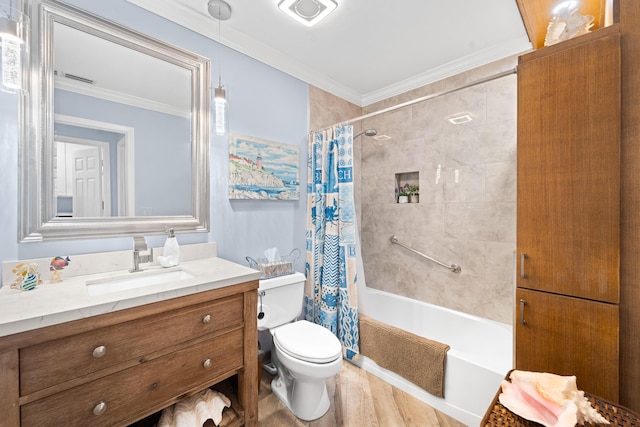 full bath with crown molding, toilet, vanity, and shower / bath combination with curtain