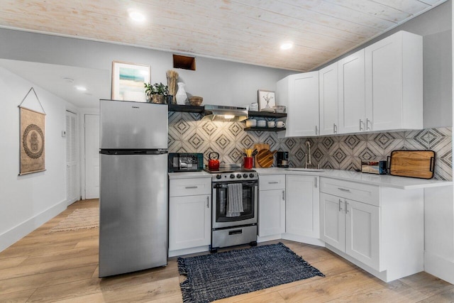 kitchen with wood ceiling, white cabinets, stainless steel appliances, light hardwood / wood-style floors, and backsplash