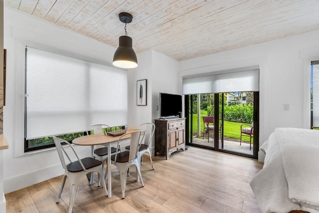 dining space featuring wood ceiling and light hardwood / wood-style floors