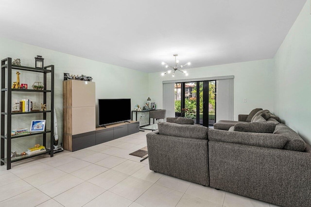 tiled living room featuring a chandelier