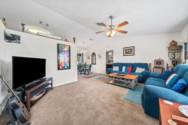 carpeted living room with lofted ceiling, ceiling fan with notable chandelier, and a textured ceiling