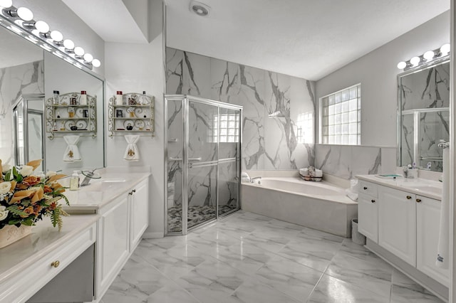 bathroom with two vanities, a marble finish shower, a garden tub, and marble finish floor