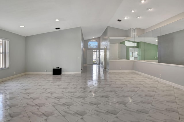 empty room with visible vents, recessed lighting, marble finish floor, and baseboards