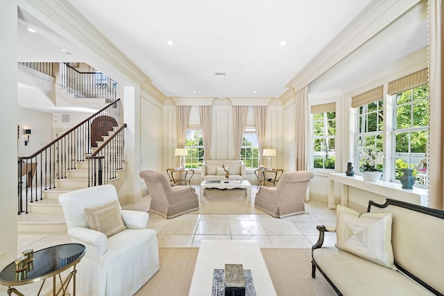 interior space featuring light tile patterned floors and crown molding