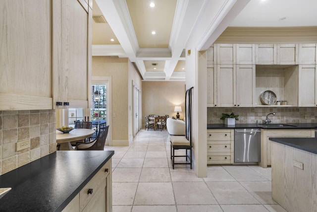 kitchen featuring dishwasher, decorative backsplash, sink, beam ceiling, and coffered ceiling