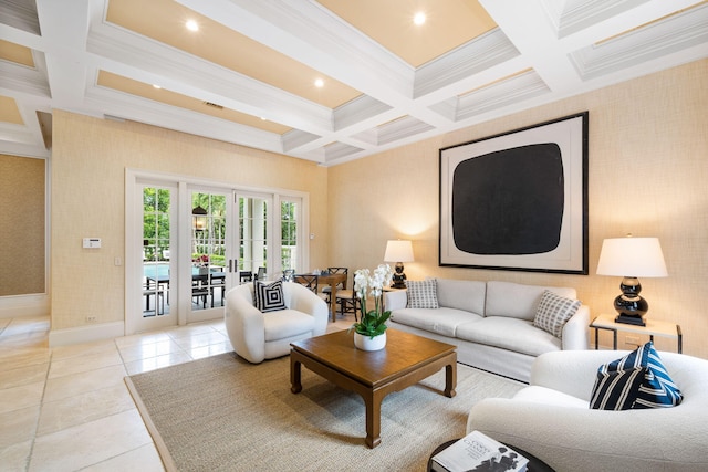 living room with beam ceiling, coffered ceiling, crown molding, and light tile patterned floors