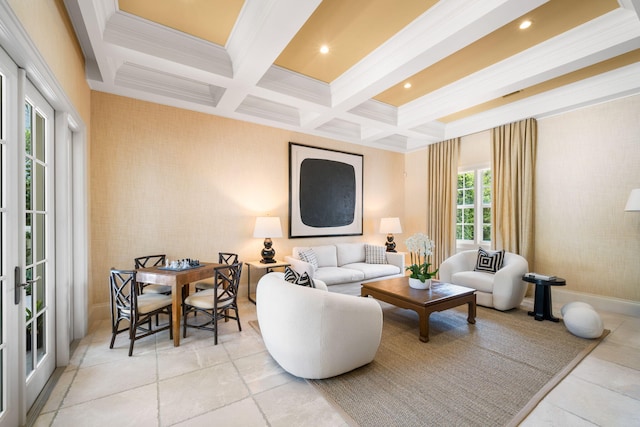 living room featuring crown molding, coffered ceiling, beam ceiling, and french doors