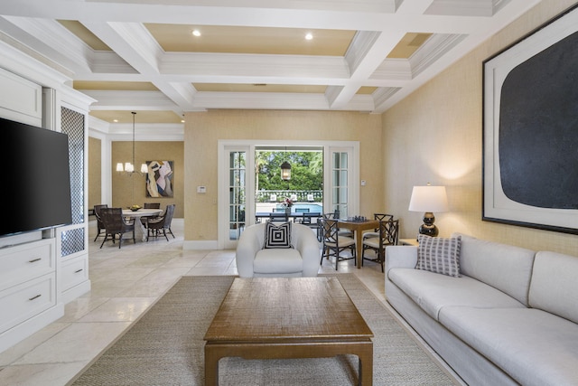 living room with ornamental molding, coffered ceiling, beam ceiling, and an inviting chandelier