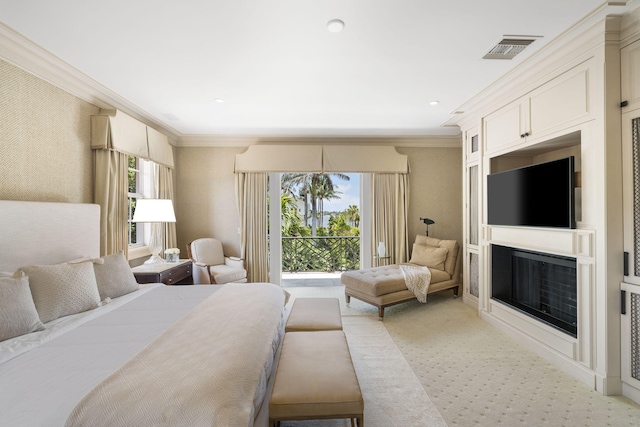 bedroom featuring light carpet and ornamental molding