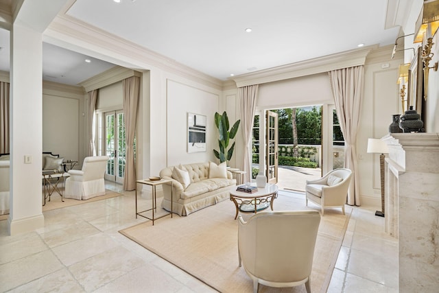 living room with ornamental molding and a healthy amount of sunlight