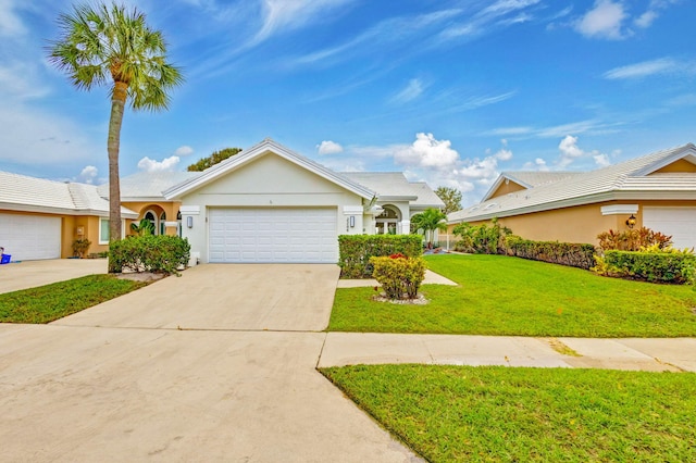 single story home with a garage and a front yard