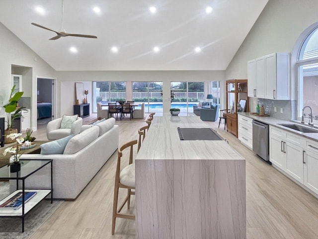 kitchen featuring white cabinets, tasteful backsplash, sink, a large island, and stainless steel dishwasher