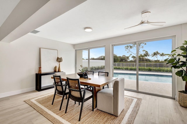 dining room with ceiling fan and light hardwood / wood-style flooring