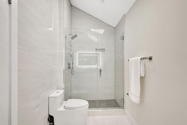 bathroom with walk in shower, lofted ceiling, and toilet