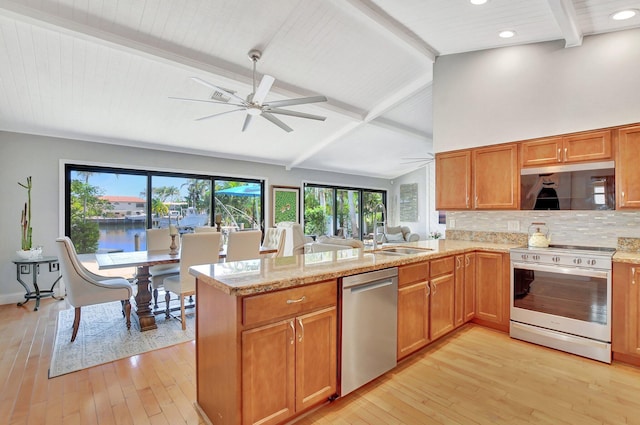 kitchen featuring sink, appliances with stainless steel finishes, a water view, tasteful backsplash, and kitchen peninsula