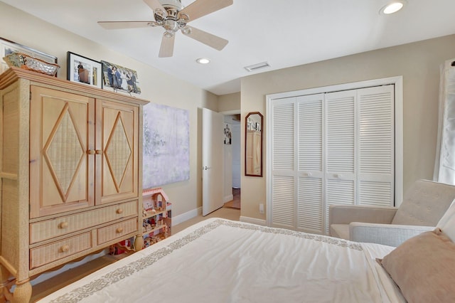 bedroom with a closet and ceiling fan