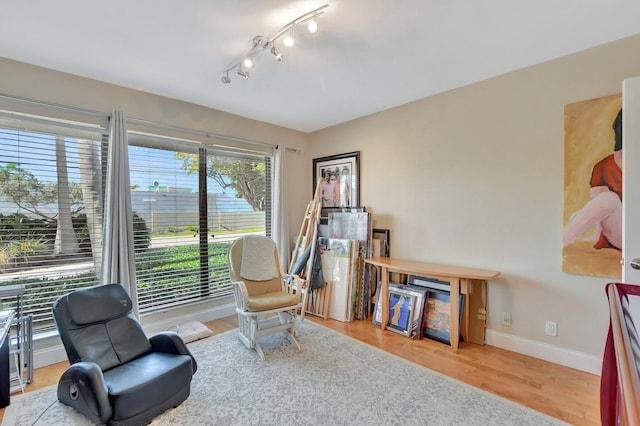 sitting room featuring rail lighting and hardwood / wood-style floors