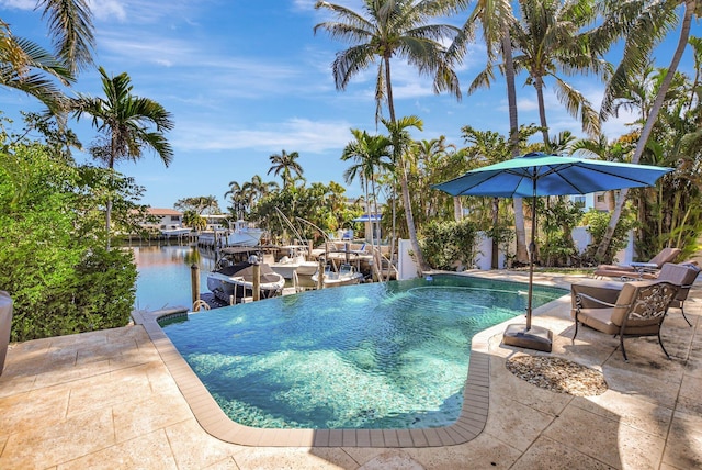 view of pool featuring a dock and a water view