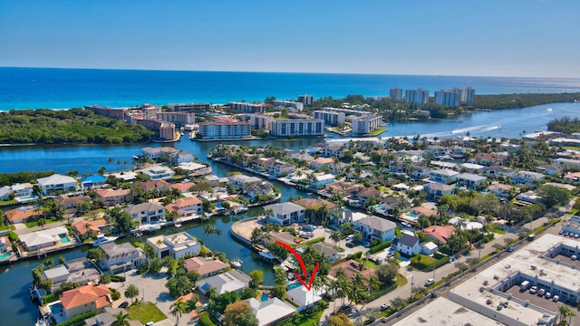 drone / aerial view featuring a water view