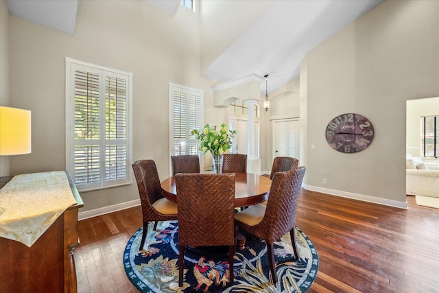 dining area with a high ceiling and dark wood-type flooring