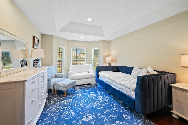 interior space featuring dark hardwood / wood-style floors, a textured ceiling, and a tray ceiling