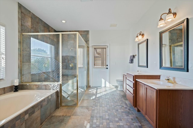 full bathroom featuring a healthy amount of sunlight, vanity, toilet, and separate shower and tub