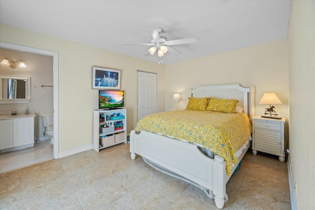 bedroom with ceiling fan, ensuite bath, and a closet