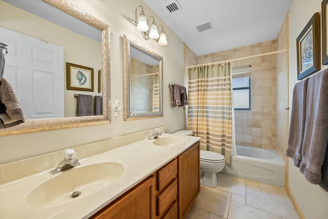 full bathroom featuring vanity, shower / bathtub combination with curtain, and toilet