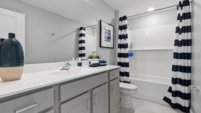 full bathroom with recessed lighting, toilet, shower / bath combo, vanity, and tile patterned floors