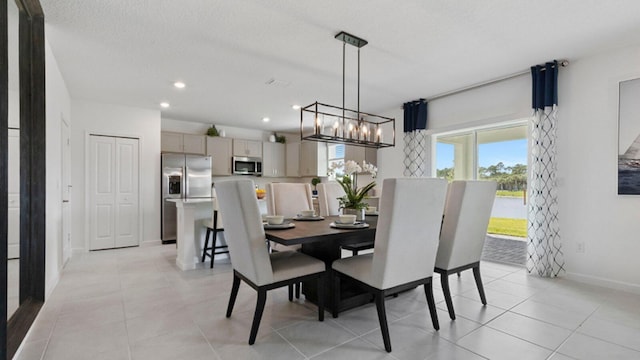 dining room featuring baseboards, light tile patterned flooring, and recessed lighting