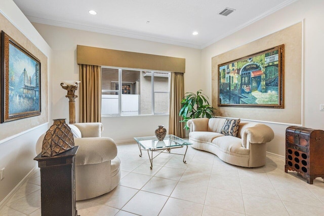 tiled living room featuring crown molding