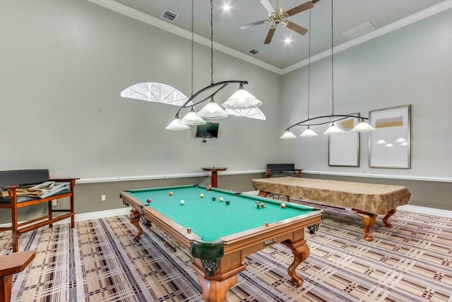 playroom with crown molding, ceiling fan, and billiards