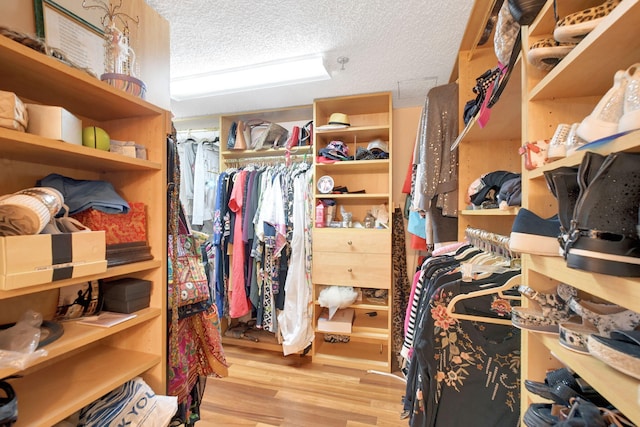 walk in closet with light hardwood / wood-style floors