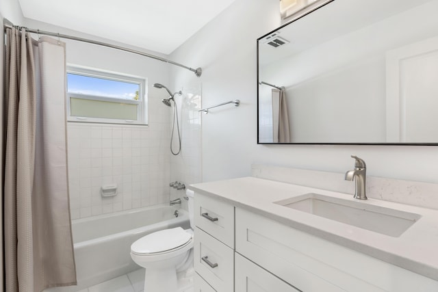 full bathroom with tile patterned floors, toilet, vanity, and shower / bathtub combination with curtain