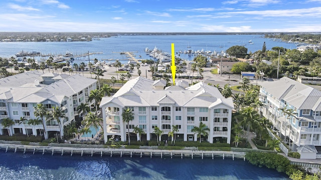 bird's eye view with a water view