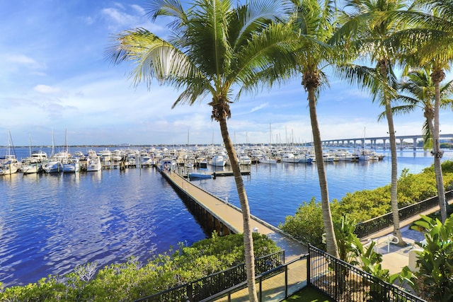 view of dock with a water view