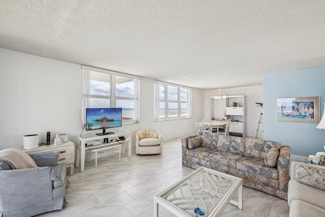 living room featuring a textured ceiling