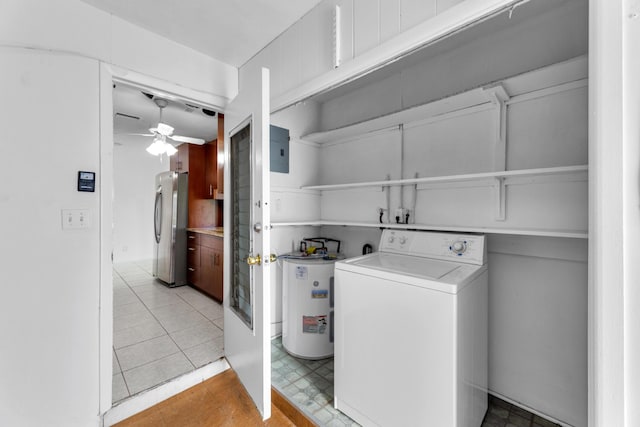 washroom with washer / clothes dryer, electric water heater, electric panel, and ceiling fan