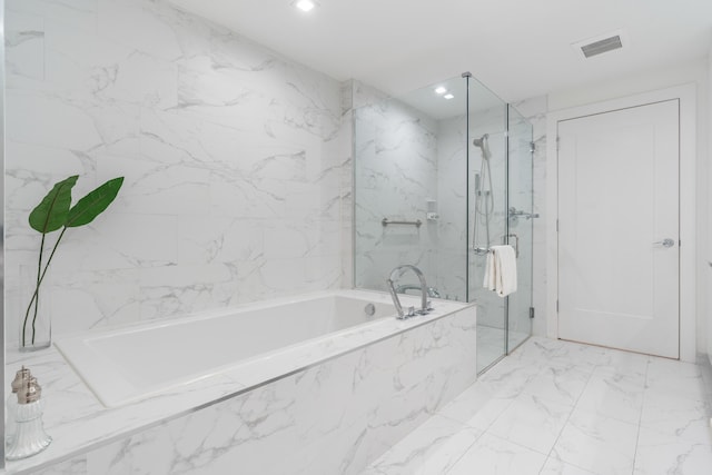 bathroom featuring a garden tub, recessed lighting, visible vents, marble finish floor, and a marble finish shower