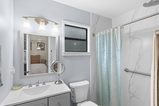 bathroom featuring vanity, toilet, and a shower with shower curtain