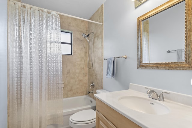 full bathroom featuring toilet, vanity, and shower / tub combo with curtain