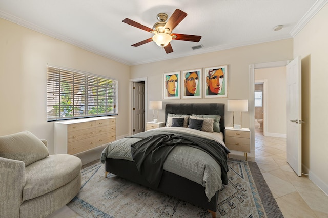 tiled bedroom with crown molding and ceiling fan