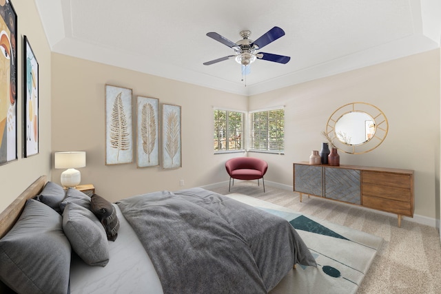 bedroom with ceiling fan and carpet