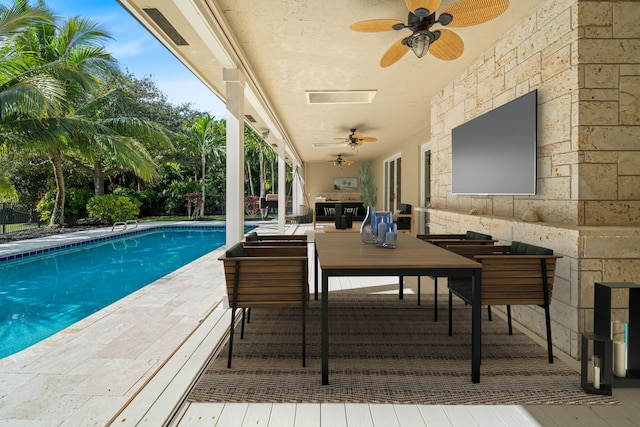 view of swimming pool featuring a patio and ceiling fan