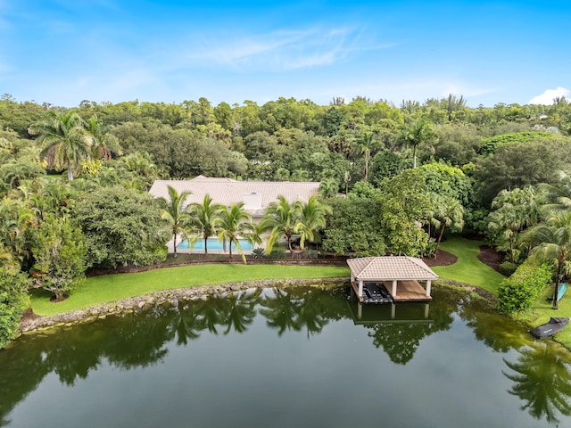 birds eye view of property featuring a water view