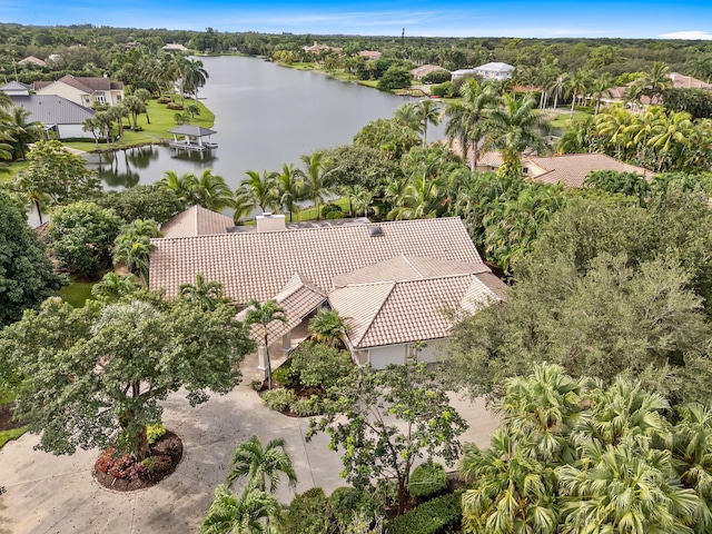 drone / aerial view featuring a water view